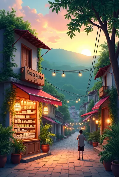 Graphics design shop in small Indian

street , greenary hill background, evening orange 
sky anime
