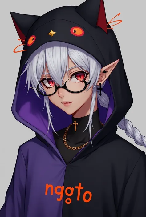 young man, Black skin tone, dark red eyes, elf ear small size, black earring in the shape of a cross but with two ears, wears prescription glasses, White hair, hair tied with ponytail, 2 strands of hair in the front, wears a black cap with a cat face, wear...