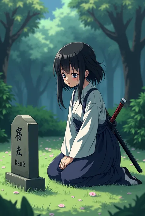 an anime girl in samurai clothes with her sword on her back crying on her knees in front of a tomb that says kauê