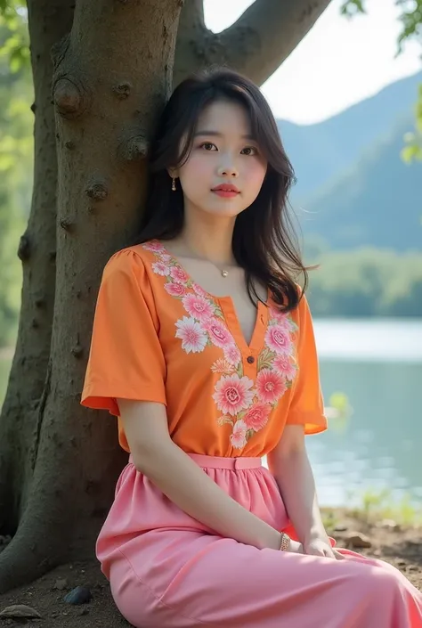 beautiful Korean woman, smooth white skin, well-groomed face, rambut panjang rumbai hitam poni,orange shirt combination pink floral motif,big rose wearing pink culottes skirt,sitting leaning under a big tree, looking at the camera, ditemani kucing anggora ...