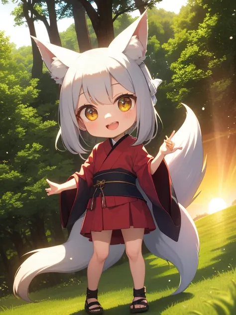 highres, , a fox, nenodroid, glad, laughing, standing, looking at viewer, ponytail, blunt cut, silver hair, golden eyes, big eyes, eyes open, fair skin, chibi, slim, have almost no clothes on, ribbon, with fox ears, , japanese, white background, in the for...