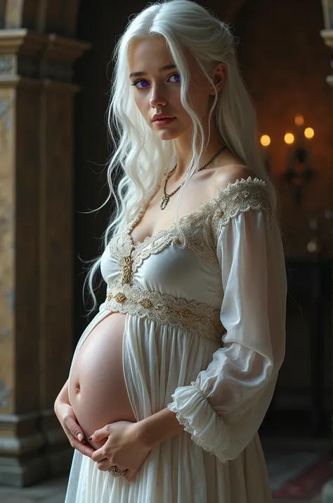 Take a young teenage girl, she is very beautiful and sexy, she has white hair and purple eyes, pale white skin, she is pregnant.
she is in a room from the medieval era, middle ages 