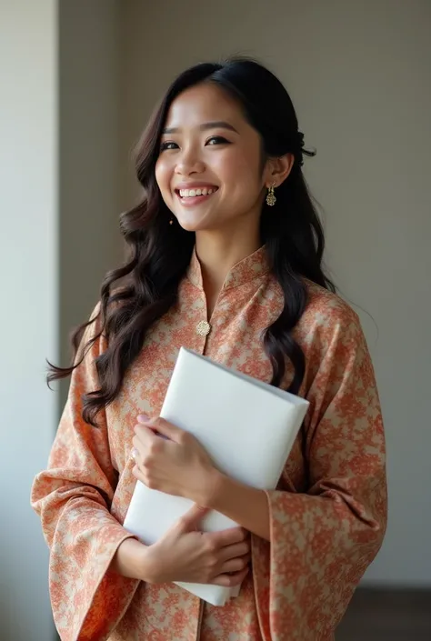 Photoshoot of a woman graduating wearing a kebaya and holding a diploma. Looks more human.
