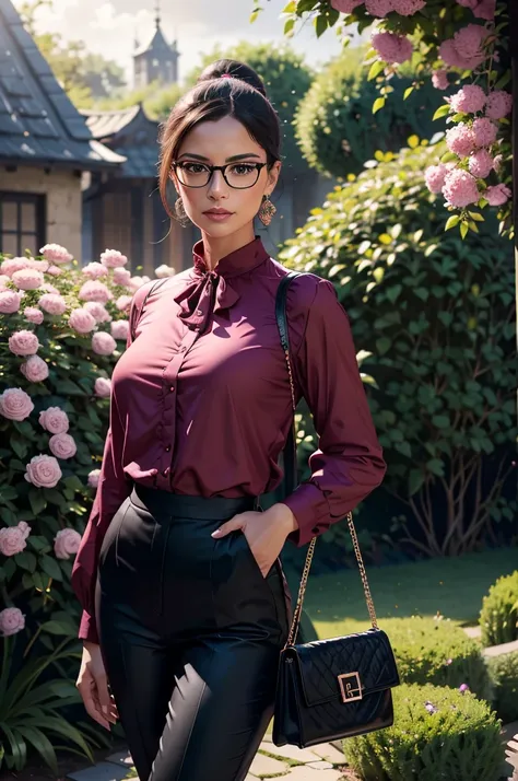 a gorgeous woman, wearing a dark pink long-sleeve blouse and tight black trousers, black ponytail hair, wearing glasses, standing in a garden, holding a handbag, portrait view, intricate details, realistic, photorealistic, hyper detailed, 8k, masterpiece, ...