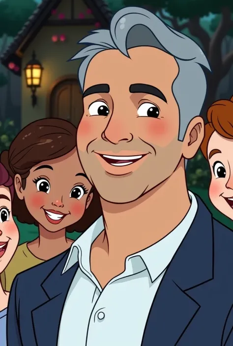 Use the same face of the man in the inspiration image, insert a woman into the scene, his wife and 3 children, everyone smiling like a happy family, use a house and trees as a background, create image in Disney character style