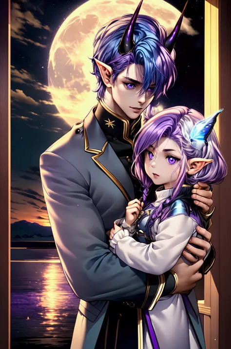 Woman with purple hair with black horns, Nordic clothing, elf ears, fuchsia pink eyes, carrying a male child with purple hair, blue eyes, with black horns and blue fluffy moth wings on his back, and still holding a man with pointed ears, blue hair and RAF ...