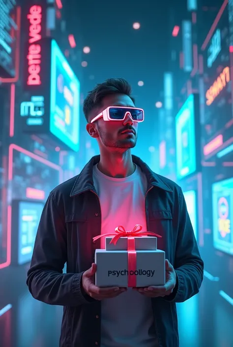 man with 3d glasses who has presents psychology and the logo on it and the metaverse adding the word ResetMind