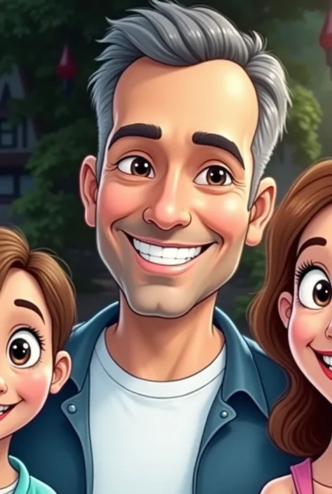 Use the same face of the man in the inspiration image, insert a woman into the scene, his wife and 3 children, everyone smiling like a happy family, use a house and trees as a background, create image in Disney character style