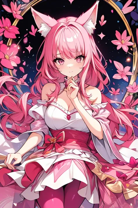 An adult woman with pink eyes, long bright pink hair with fox ears. Wears an elegant dress. She must be wearing a pink leggings. she comes from wonderland