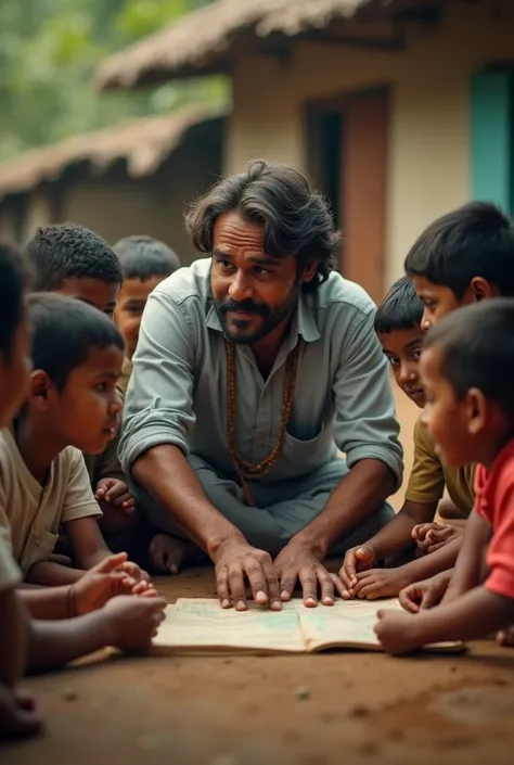 In cinematic real story "
Community Support: Arjun with a small group of village children gathered around him, all engaged in studying together"