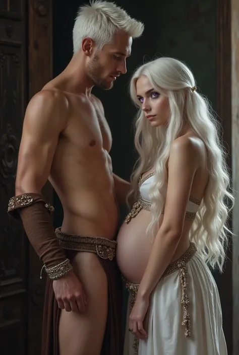 Take a young teenage girl, she is very beautiful and sexy, she has white hair and purple eyes, pale white skin, she is pregnant.
she is in a room from the medieval era, middle ages, Beside you is a very tall, handsome and sexy ma, he has white hair and pur...