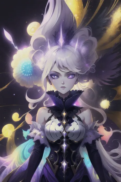 Extremamentesexy, appealing, Kizi, phantom, refined , garota phantom, Caucasian skin, purples eyes, long white hair, Purple aura around her, several small and colorful fireworks around.