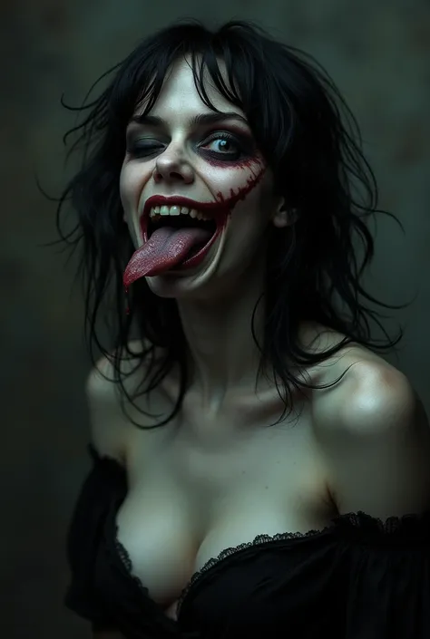  dark hair, crooked eye showing drooling tongue with beautiful breasts