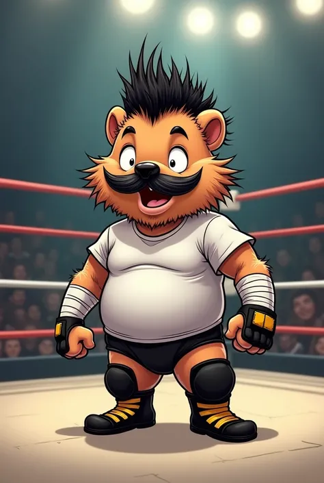 Cartoon porcupine dressed like WWE wrestler CM Punk

Cartoon porcupine body. Cartoon porcupine head. Cartoon porcupine face.

Black flat top. Black mustache. Black and white peppered beard. Fists and forearms wrapped in white tape.

White t-shirt.

Black u...