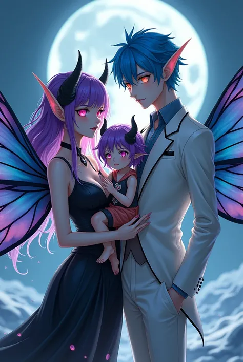 Woman with purple hair with black horns, Nordic clothing, elf ears, fuchsia pink eyes, carrying a male child with purple hair, blue eyes, with black horns and blue fluffy moth wings on his back, and still holding a man with pointed ears, blue hair and RAF ...