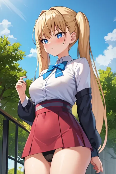 1 girl, rubio_hair, blue_eyes, blue_sky, blush, sinos, Bush, cloud, cloudy_sky, day, frown, hair_ornaminto, hair_collector, long_hair, long_sleeves, looking_in_viewer, half_sinos, outdoor, collector, shirt, sky, Alone, tree, two tails, Superior_body, vinta...