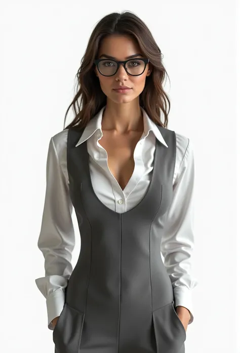 a 4 teacher, wearing a gray dress and a white shirt with a hyper realistic white background, sexy low neckline, sultry gaze, with glasses.