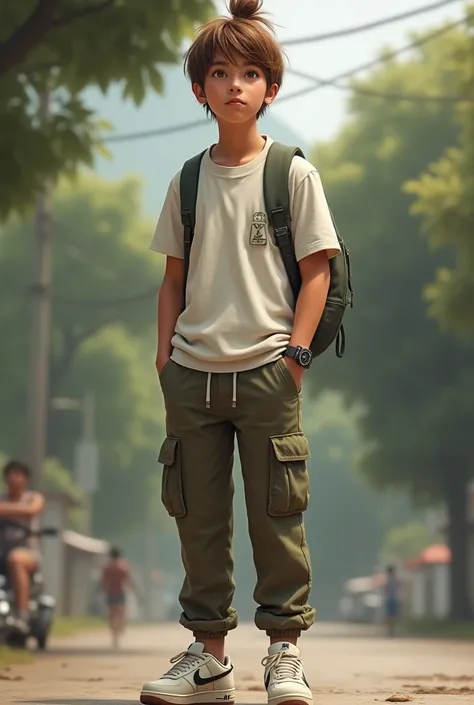 A teenager from Minas Gerais. Light brown bun hair, a little messy, and brown eyes. Hes tall and thin, usually wears comfortable clothes, like loose shirts and cargo pants. On the feet, um air force.