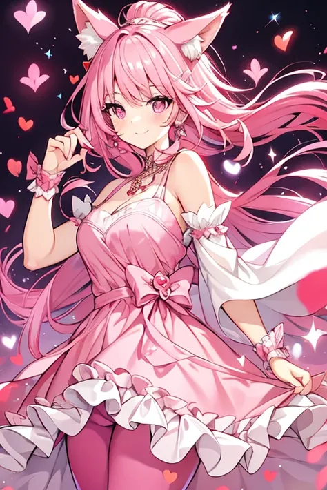 An adult woman with pink eyes, long bright pink hair with fox ears. Wears an elegant dress. She must be wearing a pink leggings. she comes from wonderland