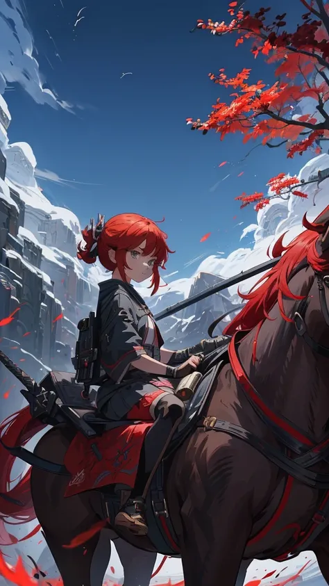 A girl with red hair and a backpack is riding a horse, Demon Slayer Art Style, Demon Slayer Louis Fan Art, Jan J, Anime Wallpaper, Gwaiz, Anime Cover, hd Anime Wallpaper, Anime Epic Artwork, Amazing anime 8k, Portrait of Shanks le Roux, 4K Manga Wallpapers...