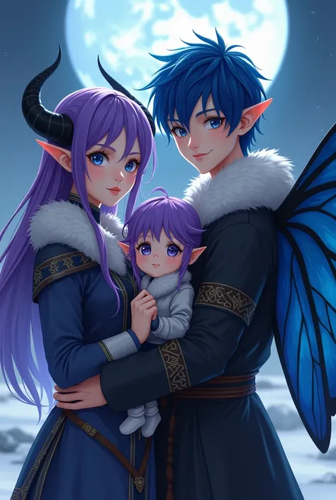 Woman with purple hair with black horns, Nordic clothing, elf ears, fuchsia pink eyes, carrying a male child with purple hair, blue eyes, with black horns, and still next to a man with pointed ears with blue hair and colored skin RAF blue, wearing a smart ...