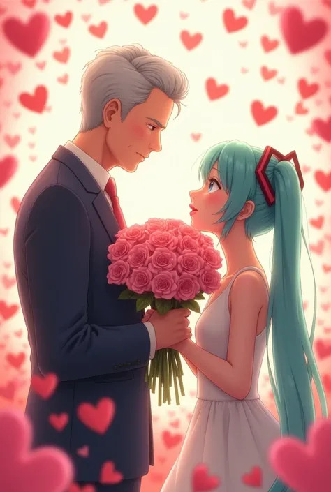 Mr. Raymond (The Guy on Channel Eight) giving Hatsune Miku pink roses, both show affection and love, surrounded by red hearts