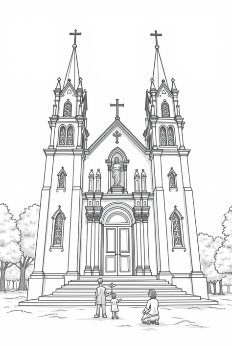 the facade of a Catholic church from the outside with a family composed (Baba, Mother, daughter and son) on your knees around the church, and the image of Jesus Christ fitted on the left side of the church, all in black and white drawing without shadows an...