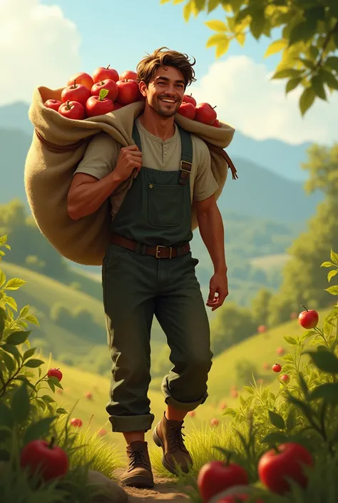 Young man carrying a sack of apples on his shoulder
