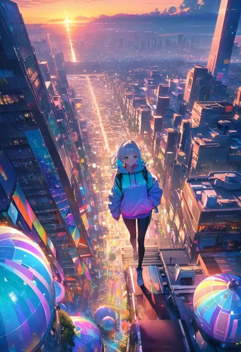 angelic, detailed woman who is walking, woman wearing hoodie, highest billding in city, road, sunrise, horizon, skyline, in the sky, city of clouds, colorful, high-res, 8K