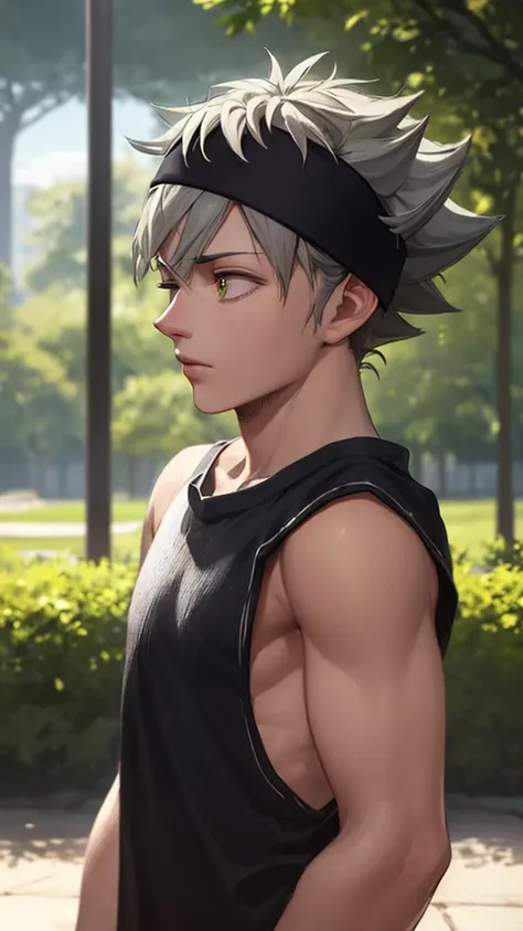 masterpiece, best quality, high quality, 1 person, solo, male focus, side angle, (looking away:1.5), upper body, asta, headband, gray hair, spiky hair, High quality, very realistic, no reasonable, tall, highly detailed, HDR, masterpiece, highly detailed fa...