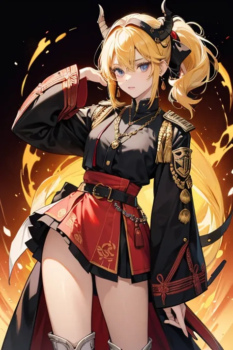 The long part of her yellow hair is tied in a ponytail by a red cord with tassels fading to tan at the ends.

her outfit is a fusion of Western-style attire with parts of samurai armor. sHe wears a decorative, red and black cropped jacket over a black shir...