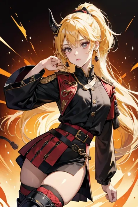 The long part of her yellow hair is tied in a ponytail by a red cord with tassels fading to tan at the ends.

her outfit is a fusion of Western-style attire with parts of samurai armor. sHe wears a decorative, red and black cropped jacket over a black shir...