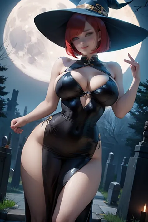 Witch, sexy pose, big breasts, curvy, smile, bob haircut, sexy china dress, redhead, graveyard, night, full moon
