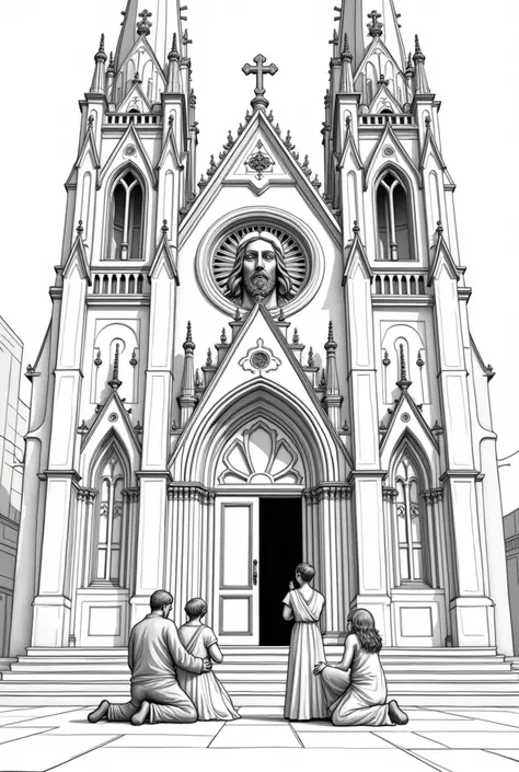 the facade of a Catholic church from the outside with a family composed (Baba, Mother, daughter and son) on your knees around the church, and the image of the face of Jesus Christ on the left side of the church, all in black and white drawing without shado...