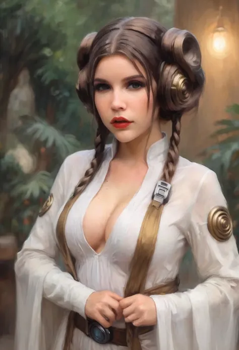 a cute woman in a sexy princess leia cosplay, white, airy, sheer, legs and bust over exposed, posing with other sexy cosplay, mainly anime, flirty poses, crowded comic con, best quality, 4k, 8k, highres, masterpiece, ultra-detailed, realistic, photorealist...