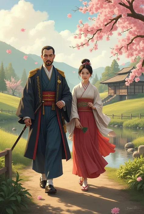 Japanese general with his 20-year-old daughter walking in the countryside in the year 1800