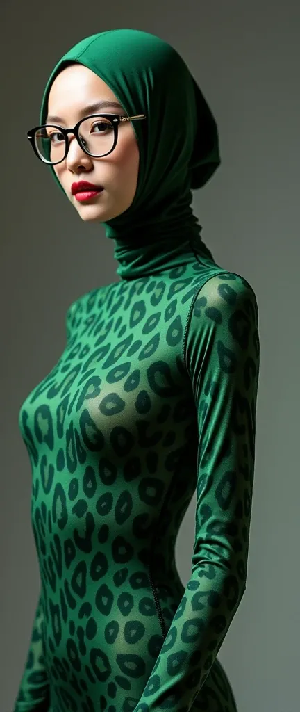 The beautiful and thinest chinese adult woman with glasses dark green and light green leopard print lycra elasticity turtleneck unitard catsuit.She always wear hijab-like zentai costume hood made of lycra elasticity.She performs contortion when she is my c...