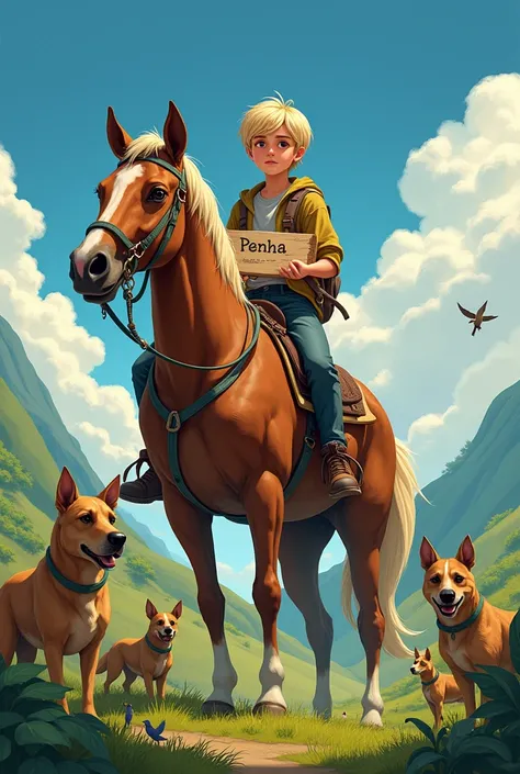 create an image of a young teenager with dark blonde hair and bangs, bowl-style hair and tall height. With several dogs and birds around him and him on top of a brown horse. Dont make the image childish. He also holds a sign saying PENHA