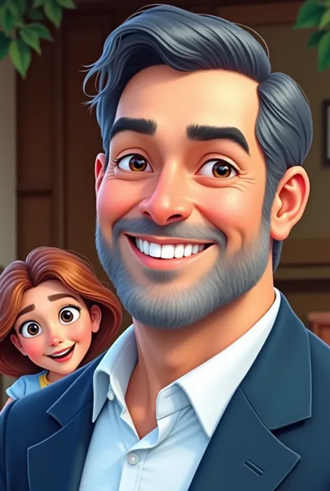 Use the same face of the man in the inspiration image, insert a woman into the scene, his wife and 3 children, everyone smiling like a happy family, use a house and trees as a background, create image in Disney character style, show ALL family membros