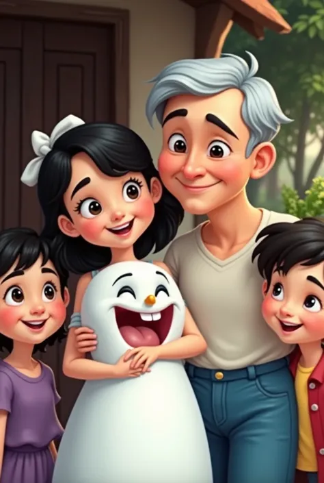 Use the same face of the man in the inspiration image, insert a woman into the scene, his wife and 3 children, everyone smiling like a happy family, use a house and trees as a background, create image in Disney character style, show ALL family membros