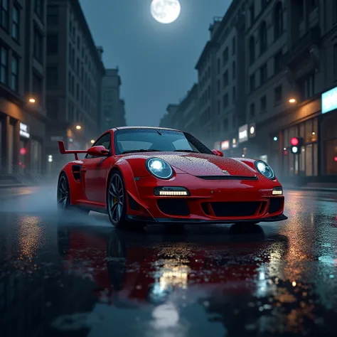 Creates an image of a red Porsche 911 car on a road at rainy night