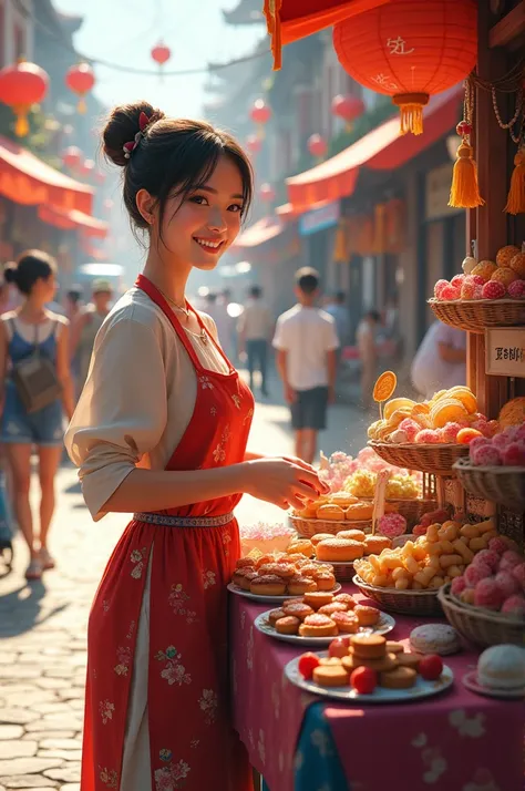 A young woman selling sweets on the street