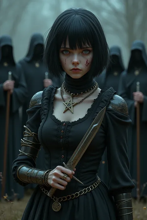 A pale girl with short black hair, from the middle ages 3D, realisitic, arcane style, with light eyes dark alchemist clothes with a prosthesis on the left arm steampunk with pentagram, cut on the face,  look of suffering and hate, dagger, the night, with a...