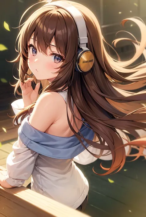 One girl, solo, High resolution, Simple Background, Close your mouth, Impressionism, masterpiece, headphone、Listening to music、Brown Hair, Ahoge, 