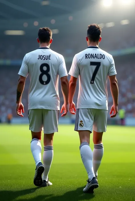 an adult with the real madrid shirt with the name "Josué" number 8, with his back walking across the field and cristiano Ronaldo with the back also walking next to him (cristiano Ronaldos outfit: real mardid shirt with the name "cristiano Ronaldo" number 7...