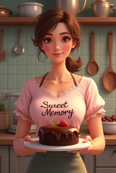 I need you to create a female baker with her pink blouse and that has Sweet Memory written on it., but he carries a chocolate cake in his hands 