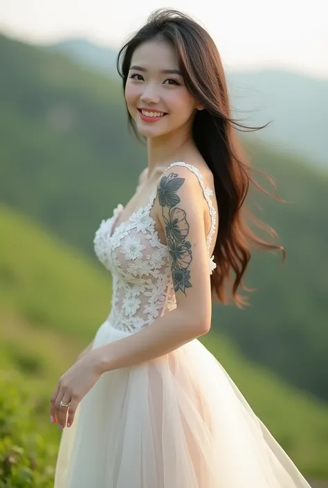 Chinese girl, white skin, shaggy breasts, big breast, happy face, thick body, sexy body, curvy waist, sunny morning, milky white skin, a butterfly tattoo on the shoulder back, a big flower tattoo on the thigh, there is a  tatoo says "Thasya" on the lower a...