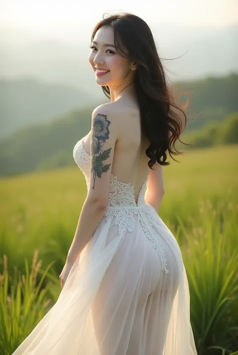 Chinese girl, white skin, shaggy breasts, big breast, happy face, thick body, sexy body, curvy waist, sunny morning, milky white skin, a butterfly tattoo on the shoulder back, a big flower tattoo on the thigh, there is a  tatoo says "Thasya" on the lower a...