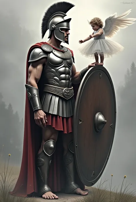 Create a drawing in honor of my father and daughter who died. I need a drawing where it&#39;s a Spartan warrior facing away. with a shield in his hand and the other hand holding a flying child angel