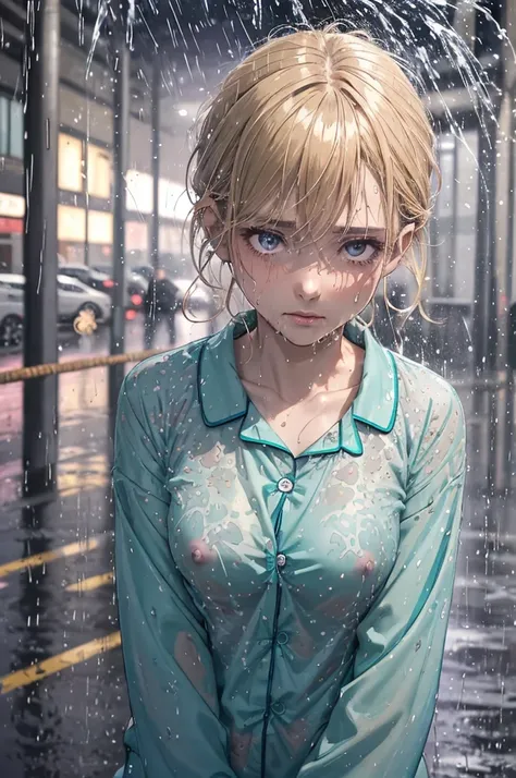 ((Teal coloured pyjama shirt)), 1girl, raining heavily, (patterned pyjamas), outside, short caramel-blonde hair sticking to her face, depressed purple eyes, teal coloured pyjama shirt, nighttime, very dark, soaking wet, wet through, wet clothes, almost nak...